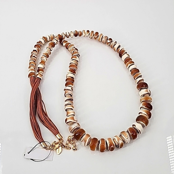 Chico's Long Rustic Stone Statement Necklace w Faux Leather Fringe & Gold Chain - Picture 12 of 13